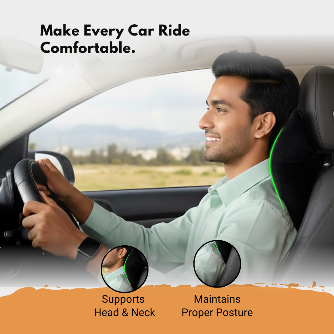 Car neck rest cushion showing ergonomic curved design